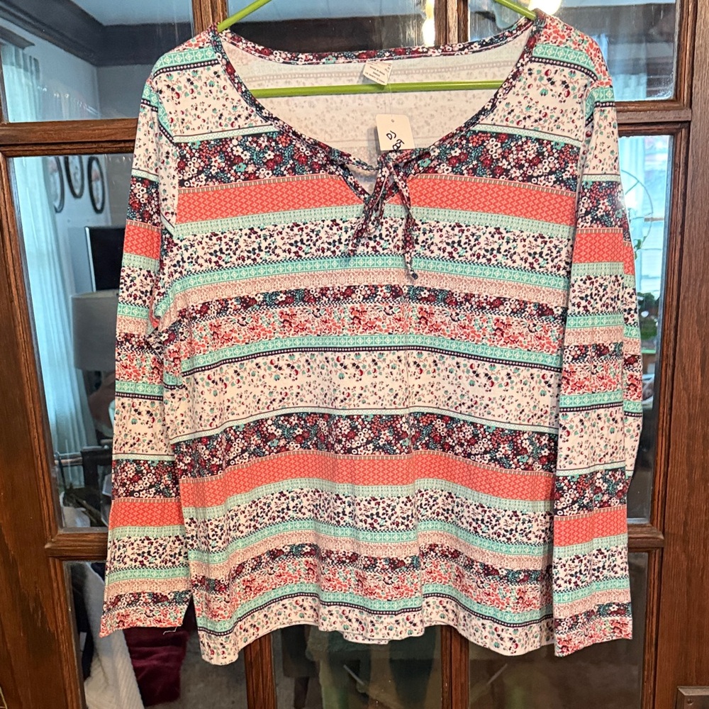 C&A Womens Floral Geometric Striped Long‎ Sleeve Tie Neck Cotton Top Size 12